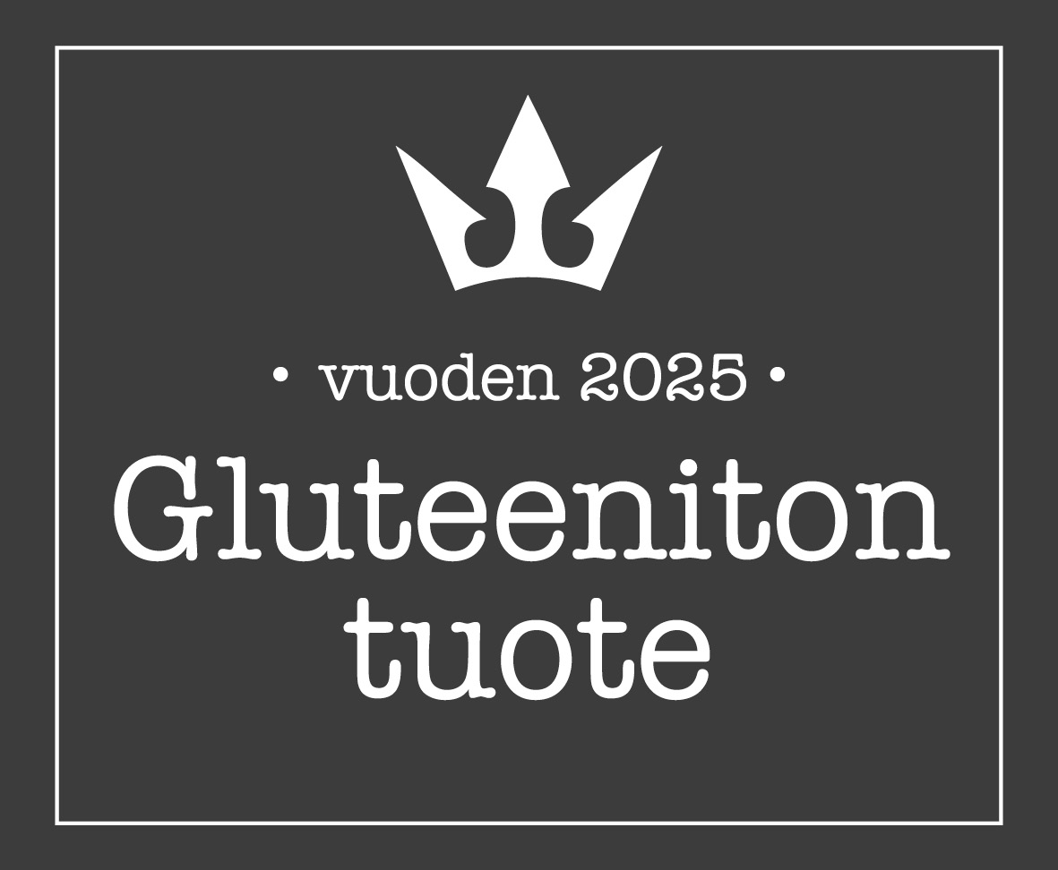 Vuoden 2025 Gluteeniton tuote -logo. Tummalla taustalla valkoinen teksti ja kruunu.